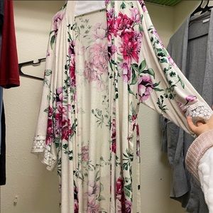 Floral Lace-Trim Long Robe - Cream with Pink Floral